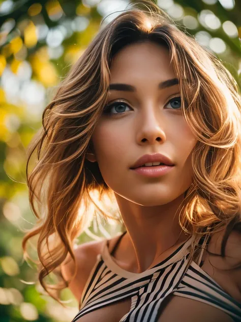 ((Fisheye 5mm lens, low angle shot )). portrait of a gorgeous European woman, age 23,random color wavy hair. Chest close up.
she’s a playboy magazine model. She has a subtle smile and flirts with the camera. 
Shes standing in a tropical garden.

perfect ey...