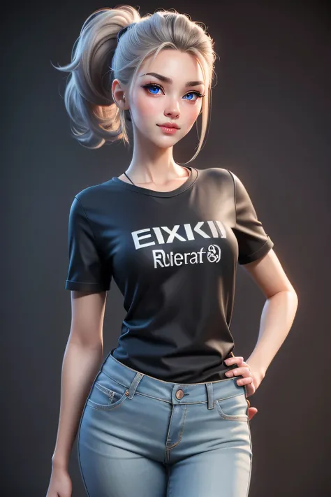 A hyper realistic carricature ,photorealism,of a skinny woman 25 yo.with random hair style,standing.wearing with shirt casual,jeans ,light smile, high detail,3d render,high definition.medium body shot 