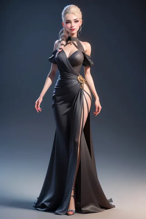 A hyper realistic carricature ,photorealism,of a skinny woman 25 yo.with random hair style,standing.wearing long dress ,light smile, high detail,3d render,high definition.medium body shot 