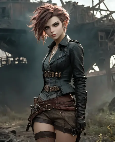 (((high resolution))), (((extremely detailed))), ((masterpiece)), dramatic shadows, depth of field, analog photo style, (world in which are collide steampunk and postapocalyptic vibes), postapocalyptic cute female in steampunk torn dirty clothes, looks lik...