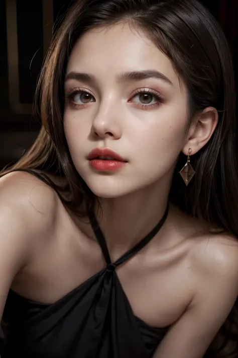 close up of a woman, appealing, soft skin, brown eyes with high quality, Full mouth, mysterious look, Red lips, high quality makeup, body skinny, rosto Youngh, dark brown hair, American features on the face, Youngh, black gown, glowing earrings, luxurious ...