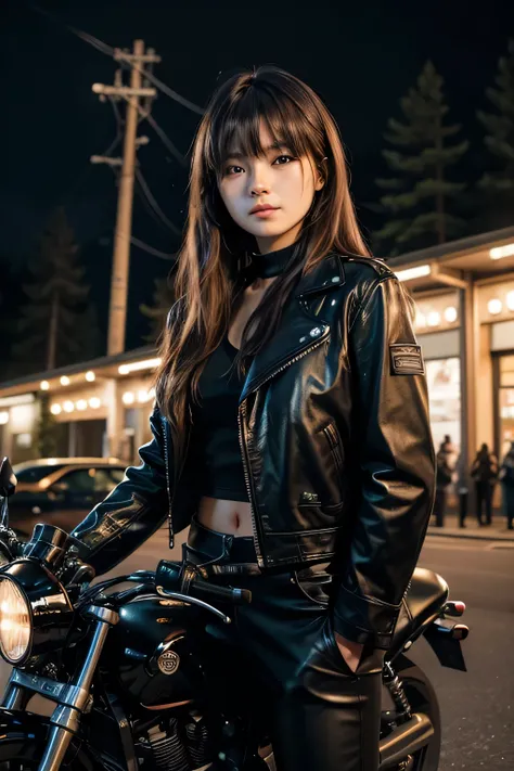 natta, natta, Starry Cèu, Woman with long brown hair and bangs, in front of a clandestine race track full of pine trees at night, leaning against a motorcycle, dressed in black leather jacket and black pants