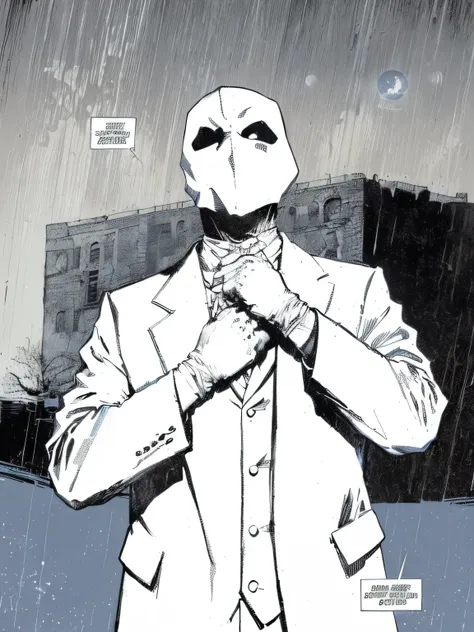  moon knight, image comics, white mask, frank miller style, white head, comic, rorschach, cliff chiang, transmetropolitan, inspired by Steve Dillon, comic book character, classic-cult-comic-style, inspired by Frank Miller, inspired by Chip Zdarsky, by Stev...