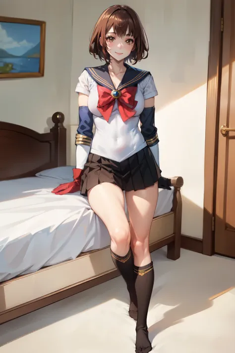 Highest quality, (masterpiece:1.2), Very detailed, 
One girl, alone,
View your viewers, smile, Medium chest, 
Brown eyes, Brown Hair, short hair, naked、((Thigh-high socks))、On the bed、((Sailor Warriors))、((Long gloves))