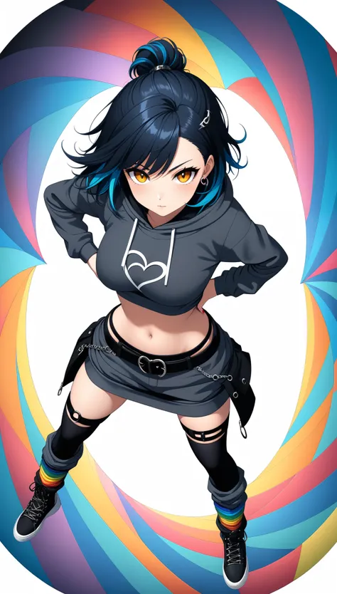 in style of Gabriel Dawe,
1 goth girl,fullbody ,stand,long straight black hair,gray sweatshirt,heart ring thigh_strap,oversize leg warmers,(hands_on_hips:1.5),(dynamic action,wide angle,from_above:1.6),white background,dynamic action,blue colored inner hai...