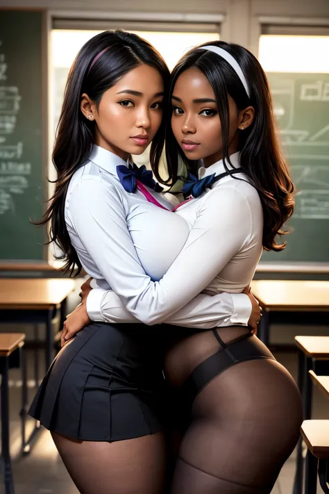 2 women hugging eaxh other, Masterpiece, high quality, high resolution, volumetric lighting, subsurface scattering, 8k, Beautiful woman, looking at viewer, dark skin, phillipino, college teacher, uniform, (long-sleeve:1.2), large breasts, (pantyhose), (bow...