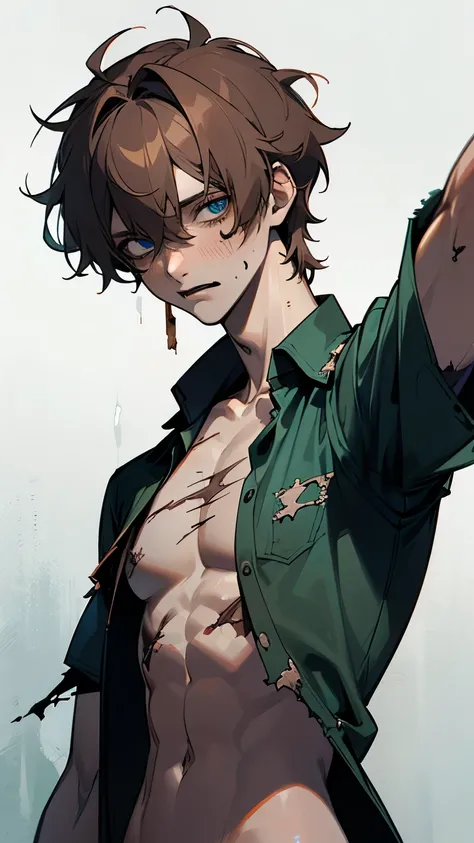 (Sfw), solo male, 1 male, zombie, 21 years old, brown hair, messy hair, blue eyes, pale greenish skin, shirtless, ripped shirt, ripped clothes, softface, handsome, attractive, body scars, wound, veins