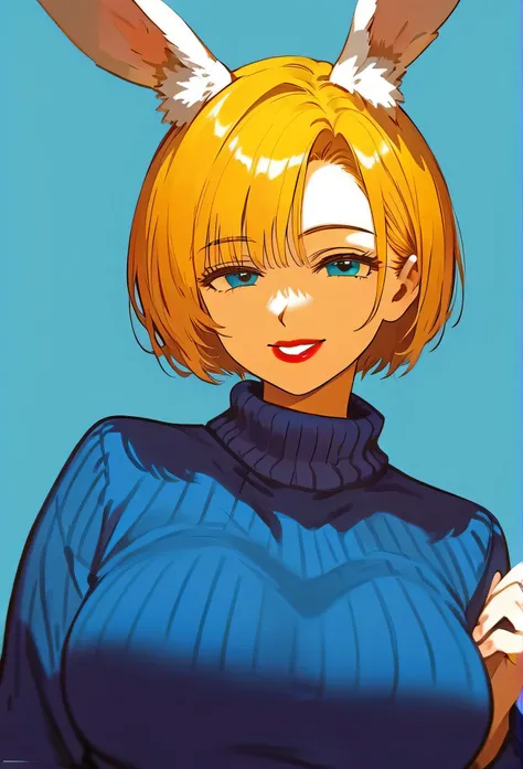 masterpiece, best quality, upper body, score_9, short hair,yellow hair,smiling,older woman,blue sweater,white fluffy bunny ear,lipstick,blue background,half body