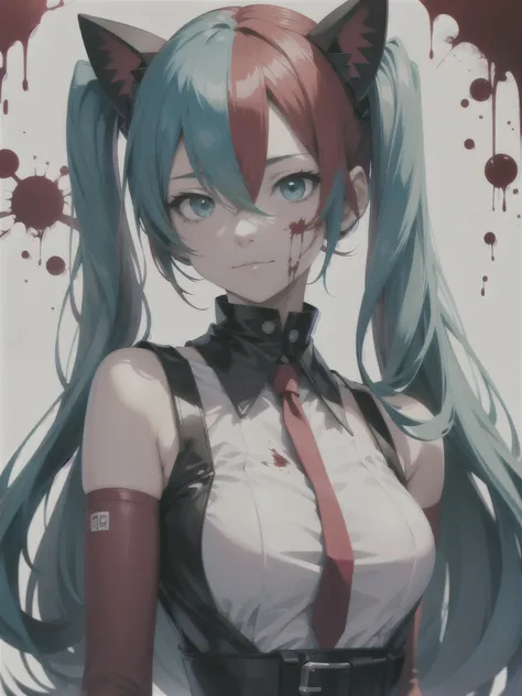 hatsune miku, red hair, psychopath face, blood, cat ears