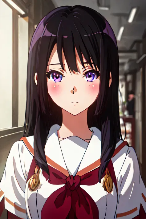 highest quality, masterpiece, high resolution, alone, black_hair, length_hair, purple_eye, blush, 前hair, closed_mouth,  uniform