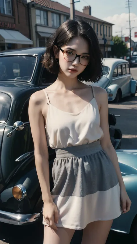 a 1950 scene featuring a 21yo girl, wear (poodle skirt), (cocktail dress),  and cat-eye glasses, standing next to a vintage volk...