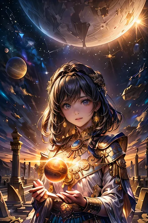 a beautiful young astrologist girl in ancient babylonia, performing celestial divination to determine the fortune and fate of th...