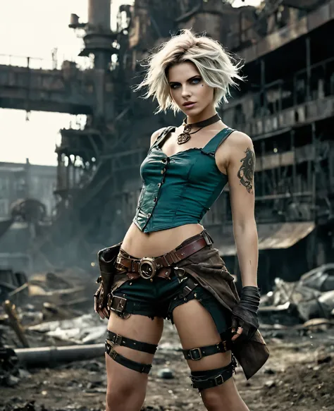 (((high resolution))), (((extremely detailed))), ((masterpiece)), dramatic shadows, depth of field, analog photo style, (world in which are collide steampunk and postapocalyptic vibes), postapocalyptic cute female in steampunk torn dirty clothes, looks lik...