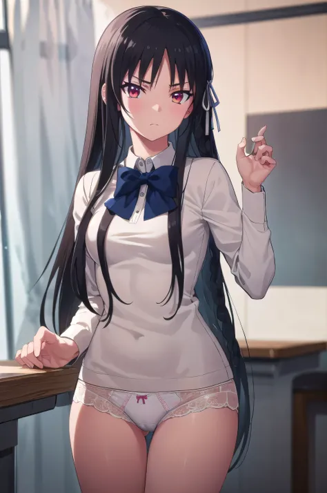 nsfw,Suzune Horikita, suzune horikita, Long Hair, Black Hair, (Red eyes:1.3), Hair Ribbon, Braiding,
bow, (In underwear),White panties,
indoors, classroom,
looking at viewer, (Cowboy Shot:1.5),
(masterpiece:1.2), Highest quality, High resolution, unity 8k ...