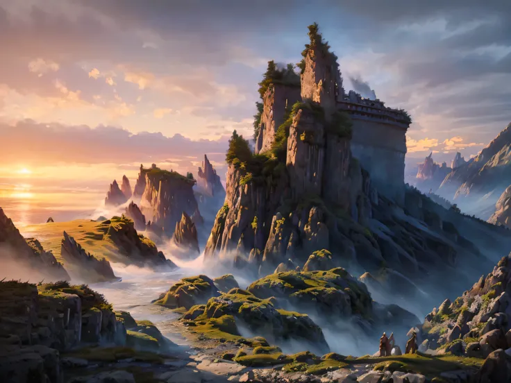 a detailed fantasy landscape, enchanted forests, majestic mountains, inspired by tolkien, in the style of john howe, ruins, ruined fortress, best quality, 4k, 8k, highres, masterpiece:1.2, ultra-detailed, realistic, photorealistic, photo-realistic:1.37, hd...