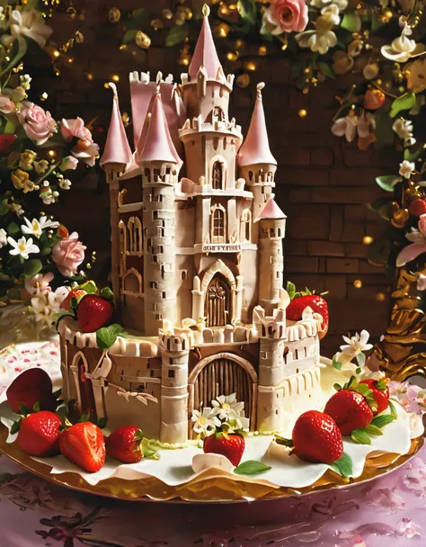 a cake made of layers of chocolate cake, vanilla frosting, and strawberries. the cake is in the shape of a castle with a drawbri...