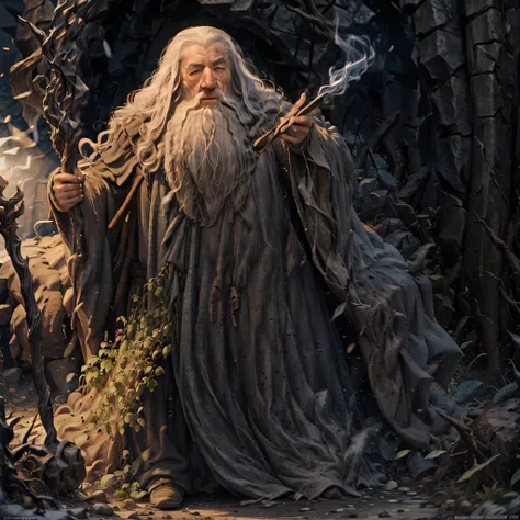Gandalf, from The Lord of the Rings, standing inside a dark cave, smoking a pipe, illuminated by the embers, ethereal smoke curls, fantasy, hyper-detailed, digital painting, cinematic lighting 4k resolution, atmospheric