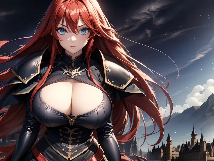 Woman, blue eyes, long hair, red hair, ahoge, huge breasts, wearing a black armor, Cinematic background, medieval world, huge gothic castle background