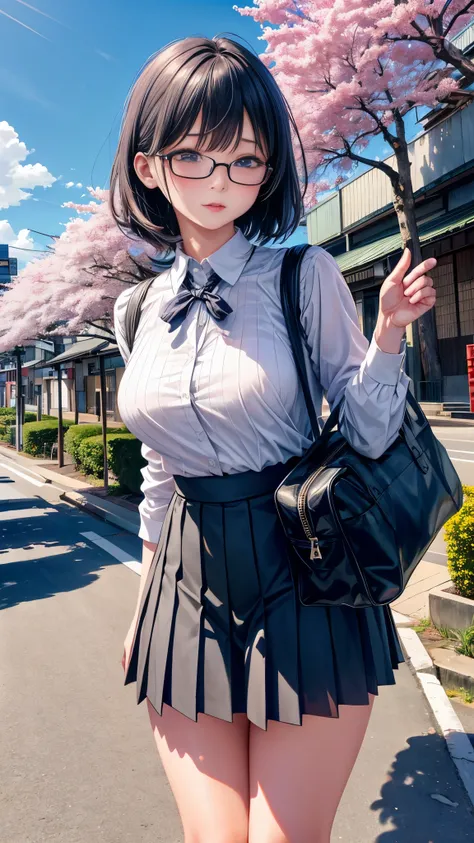 (NSFW caution: This description may contain suggestive themes.)

masterpiece, Highest quality, Super detailed, figure, One girl, Glasses with thin frames, Small, yet proportionate breasts, Laced tie, Pleated school skirt that slightly rides up revealing th...