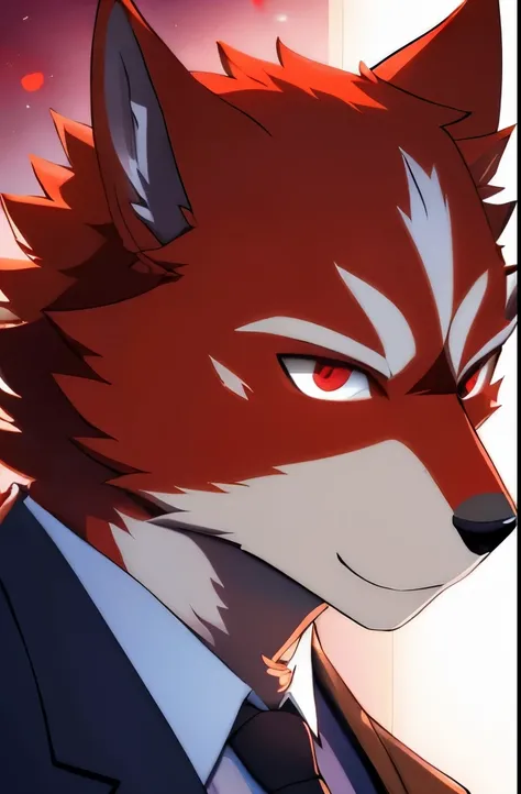 masterpiece, best quality,high detail, 1 man, Japanese animation, Wolf beastman with white and red fur, full-tailed, red eyes,suit,short sleeved shirt, tall,body is fascinating,white short hair covering one eye,bright eye light