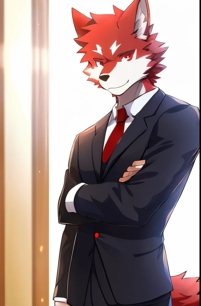 masterpiece, best quality,high detail, 1 man, Japanese animation, Wolf beastman with white and red fur, full-tailed, red eyes,suit,short sleeved shirt, tall,body is fascinating,white short hair covering one eye,bright eye light