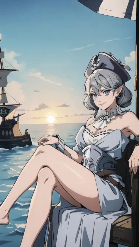 Beautiful arts wallpaper Sunset Outside castle top  High level image quality　best image quality　8K　 adult woman   on pirate ship with black seals    more colors   whole body view　portrait　  　    ears  　short hair（（shortcut）（gray hair）（perm）（fluffy））　eye co...