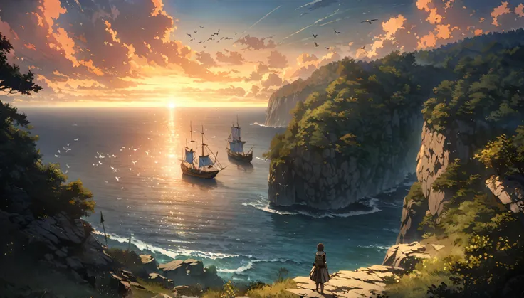  anime aestetics, anime scenery, view from the cliff next to the ocean, large sailing ship at the ocean, red and white sail, blue flag, made of dark brown trees, old ship, traidors ship, calm atmosphere, early mourning, a new dawn, majula, birds flying at ...