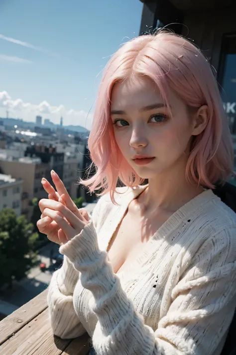 ((Best quality, masterpiece, high res, 8k)),a pretty young woman, (ombre hair:1.3) blonde pink hair, BREAK film grain, high quality, on top of big tower, background surroundings blurred but visible, (perfect hands, perfect fingers), details eyes, (looking ...