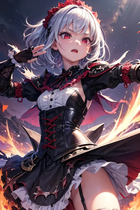 ((Highest quality)), ((masterpiece)), (detailed), a girl, solo, 1girl, masterpiece, fighting stance,from below,Gothic Lolita, armor,jumping,(torn cloths:1.2), sharp teeth,portrait,purple short hair,red eyes,