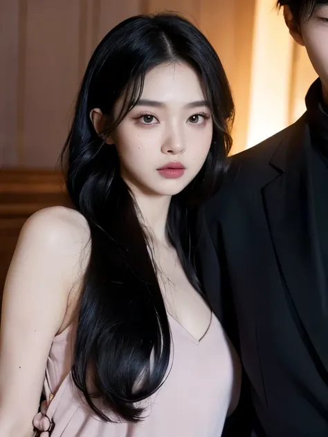 Kim Jennie with dark black hair, with curlers at the ends of dark black hair, with a star clip in her dark black hair, light colored eyes, pretty eyes, crying eyes, pretty, upturned nose, Pretty lips, pink lips, heart and cupid shaped lip, pretty skin, pal...