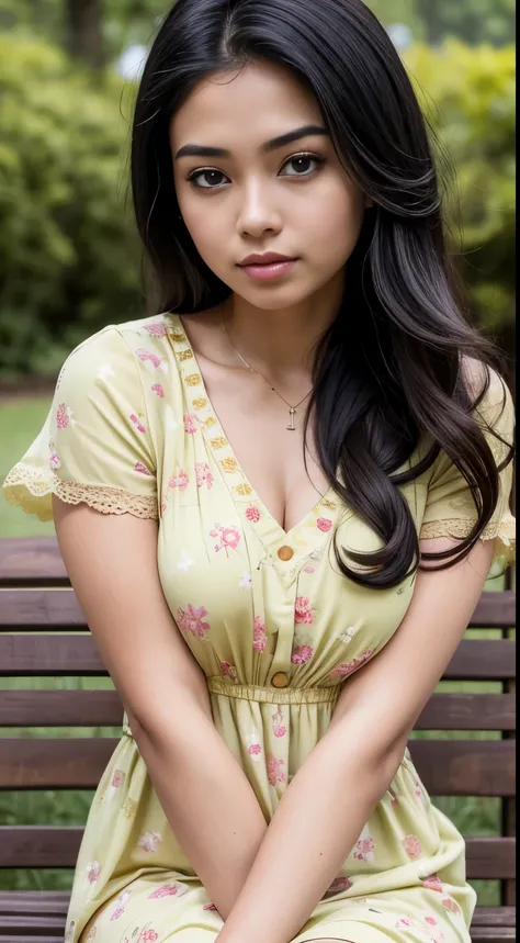 RAW, Best quality, high resolution, masterpiece: 1.3), beautiful Malay woman, Masterpiece, perfect fit body, big breasts, beautiful big eyes, long hair, brown hair, open stand, Soft smile, thick thighs, woman standing in the park in a light yellow floral p...