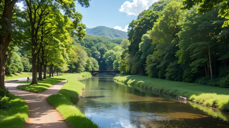 ((Highest quality)), ((masterpiece)), (detailed), A picturesque, tranquil scene of a river winding through a lush, green forest. The rivers surface reflects the surrounding trees and the blue sky above. The pathway along the riverbank is shaded by the tree...