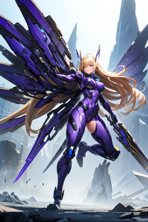 ((very large futuristic suit)), 1girl, blonde hair,( mecha musume), blue eyes, solo, long hair, large weapon,(fighting stance),purple suit,full body,(torn cloths1.1), (wings),