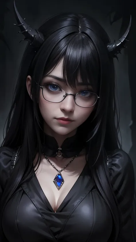 (Highest quality,4K,8K,High resolution,masterpiece:1.2),Very detailed,(Realistic,photoRealistic,photo-Realistic:1.37), Close-up of a woman with dark hair and a black dress, Dark Eyes,an  ominous笑顔,((((Glasses))))、((((big sapphire necklace))))、Evil Aura,Bur...