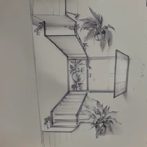 drawing of a staircase with a sign and a plant next to it, professional sketch, hand drawn, drawn on paper, from front view, architectural concepts, professional illustration, front side view, sketch illustration, professional drawing, concept drawing, arc...