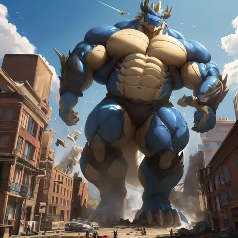 The as big as a mountain Exoskeleton Dragon in the small street，Exoskeleton Dragon(massive:6.0,Big Muscle:1.5)，macro，Emphasize huge size，Stepping on the ruins，Stepping on the collapse bus,background((destroyed,the collapse buildings,the collapse bus，Sparks...