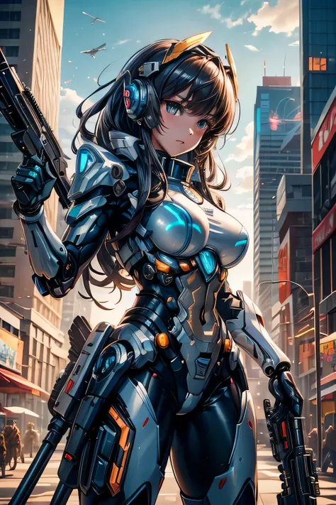 Close-up of a man with a gun in the city, Girl wearing mecha cyber armor, modern mecha anime, Cyberpunk Anime Girl Mecha, inspired Written by Krentz Kuschaert, Written by Krentz Kuschaert, A mix of anime robots and organic matter, Anime Mecha Aesthetics, M...