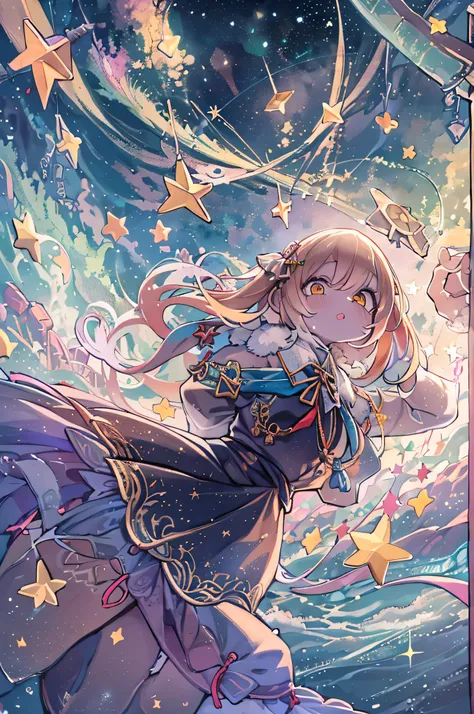 Attention to detail, Super detailed, Ultra-high resolution, A girl enjoying time in a dream galaxy, Surrounded by stars, The warm light that shines on her, Starry sky with colorful galaxy and galactic clouds background, The stars fly around her, Delicate f...