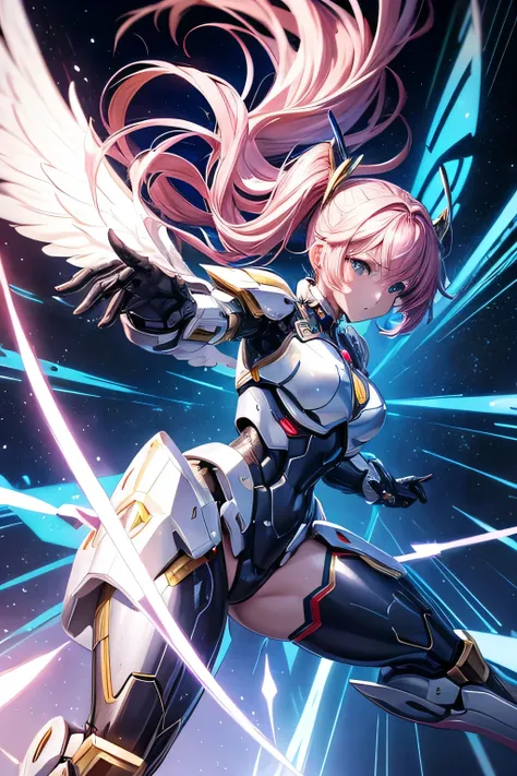 Anime girl with wings in a futuristic setting, Female Action Anime Girl, Girl wearing mecha cyber armor, Mecha Wings, female action anime, fighting stance,