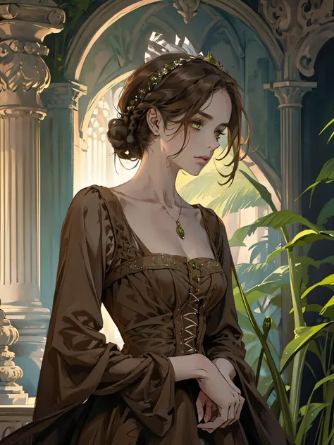 one, digital painting of a woman with her hair tied up in a bun, Brown hair, green eyes, young noblewoman from the 1800s , calm face, looks down, dark red dress, ((closed dress)), decorations on the head around the hair portrait style, looking away, in a b...