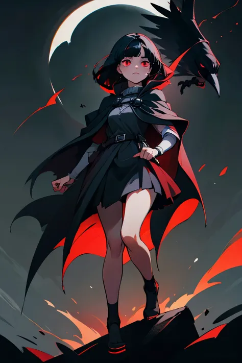 woman, vest, black cloak, red eyes, black hair, crow, glowing eyes, parted bangs, peaceful face, cute, full body shot