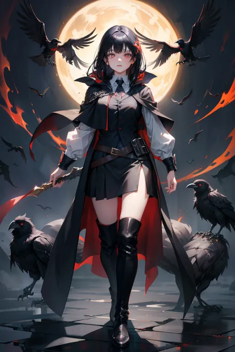 woman, vest, black cloak, red eyes, black hair, crow, glowing eyes, parted bangs, peaceful face, cute, full body shot