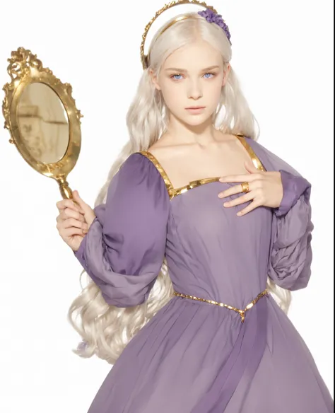 Girl, silver-gold hair, purple eyes, European, lilac hairband, holding a mirror