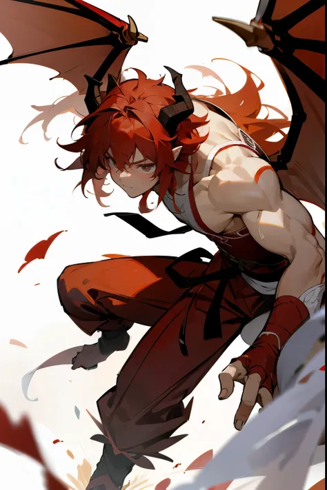 1male , crimson red hair , messy hair , sanguine eyes , dragon horns , white yukata , martial arts clothing , muscular , adult ,...