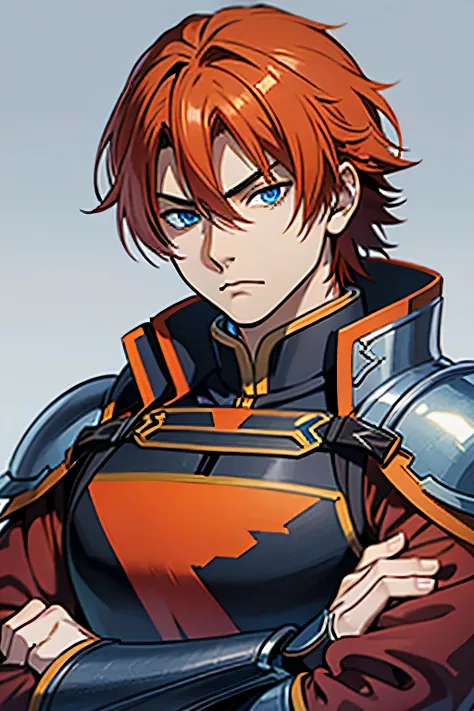 one men, orange red hair, Cao Cao, stark, black armour, crossed arms, perfect hands, perfects eyes, blue colored eyes, one silver hand, perfect face
