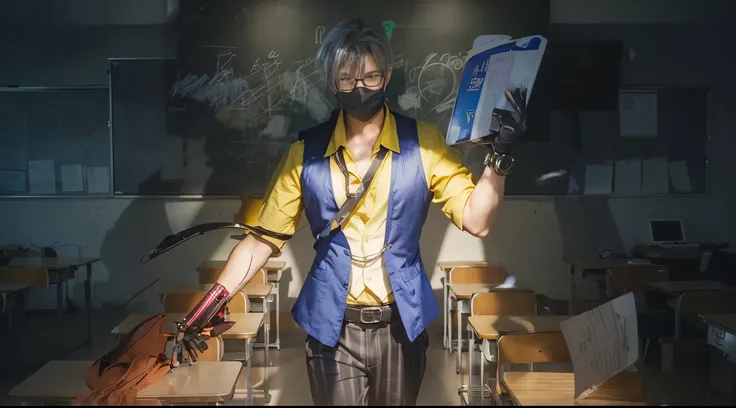  The image features a male anime character with a cyborg arm, wearing a yellow shirt, vest, and glasses, standing in a classroom with a chalkboard and desks.