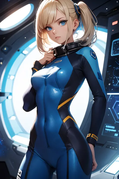 space explorer. Curious. She is wearing full-body blue crewsuit. She has blonde shorty hair, blue eyes. She is 20. She is looks nice and not too curvy, thin. At the spaceship. Adult face. High body