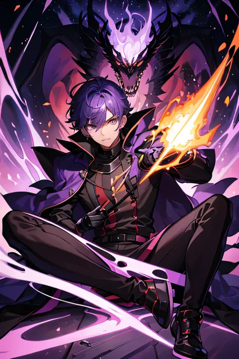 An all powerful male being wearing a Purple coat, Holding a knife with a magma emblemwhile sitting on his black dragon