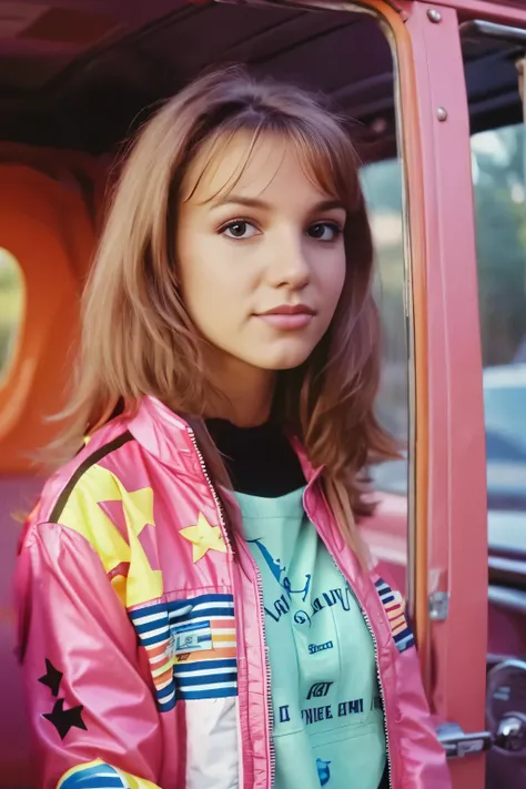 She is wearing a youthful pink wind jacket typical of the 90s.