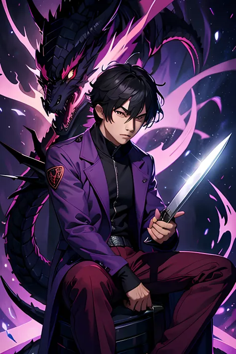 An all powerful being wearing a purple coat with a magma logo, holding a knife while sitting on his black dragon